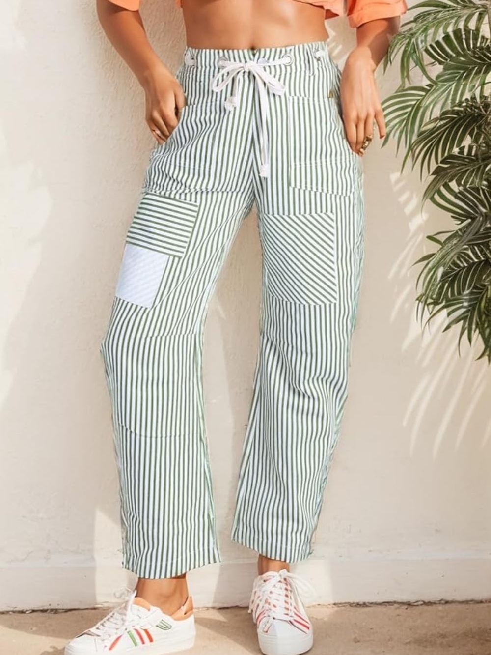 Green Striped Barrel Leg Pants